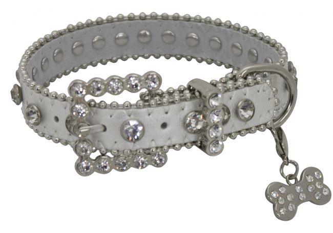 D001-S: Showman Couture ™ Silver leather dog collar with crystal rhinestones Primary Showman