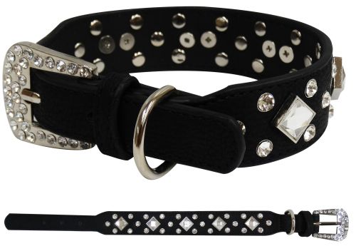 D005B: Showman Couture ™ Black leather dog collar with crystal rhinestones Primary Showman