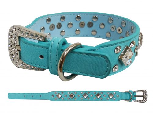 D005T: Showman Couture ™ Light blue leather dog collar with crystal rhinestones Primary Showman