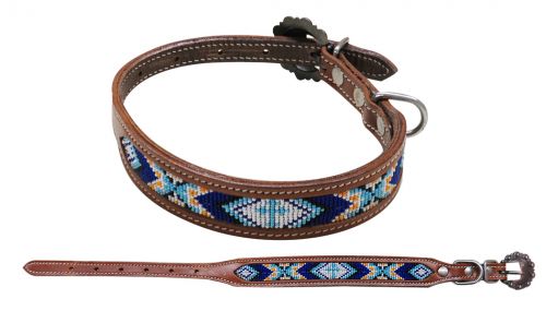 DC-01: Showman Couture ™ Beaded inlay leather dog collar with copper buckle Primary Showman