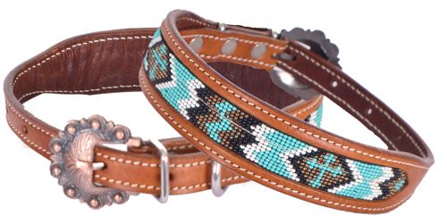 DC-25: Showman Couture ™ Beaded inlay leather dog collar with copper buckle Primary Showman