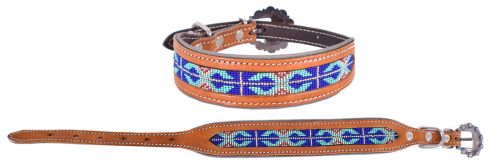 DC-26: Showman Couture ™ Genuine leather dog collar with a royal blue beaded inlay Primary Showman
