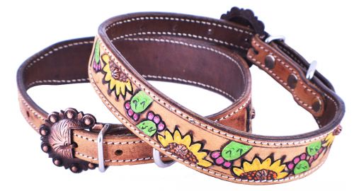 DC-29: Showman Couture ™ Hand Painted Sunflowers and Cactus leather dog collar with copper buckle Primary Showman
