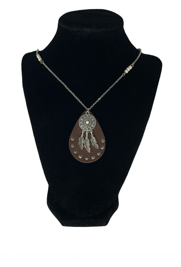 Dreamcatcher Charm Necklace on Faux Leather Teardrop Pendant Default Shiloh