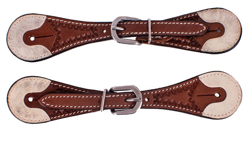 F-558Y: Showman ® Youth Argentina Cow Leather Spur Straps with Rawhide Overlay Ends Spur Straps Showman