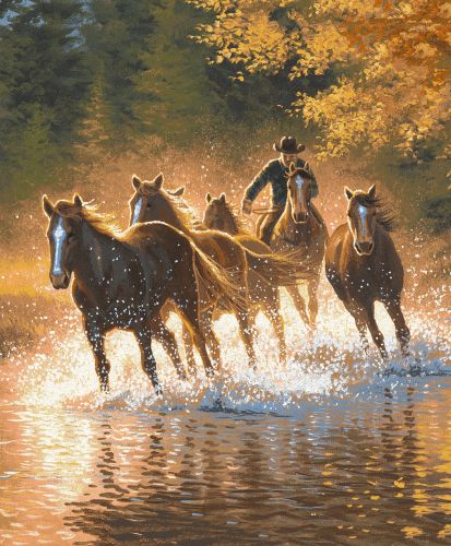 G4976: Showman Couture ™ Luxury plush blanket with running horses in water print Primary Showman