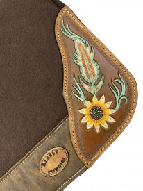 KC-3901: Klassy Cowgirl  28x30  Barrel  Style 1”  Brown  felt  pad with  antiqued feather  & sunfl Western Saddle Pad Showman Saddles and Tack