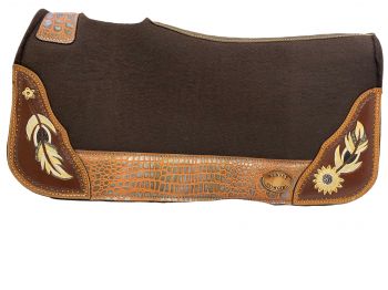 KC-3909: Klassy Cowgirl  28x30  Barrel  Style 1”  Brown  felt  pad with  antiqued feather  & sunfl Western Saddle Pad Showman Saddles and Tack   