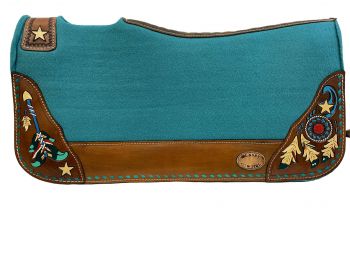 KC-3916: Klassy Cowgirl 28x30 Barrel Style 1” Teal felt pad with teal lacing and painted feath Western Saddle Pad Showman Saddles and Tack