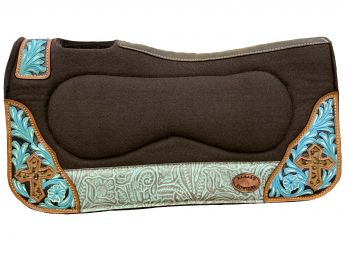 KC-3919: Klassy Cowgirl 28x30 Barrel Style 1” Brown felt pad with teal embossed accent and tea Western Saddle Pad Showman Saddles and Tack