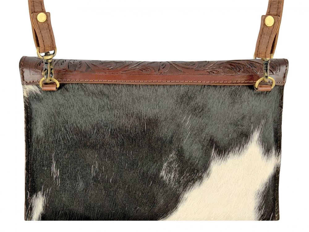 Klassy Cowgirl Dark Leather Crossbody Bag with Black and White hair on cowhide Default Shiloh