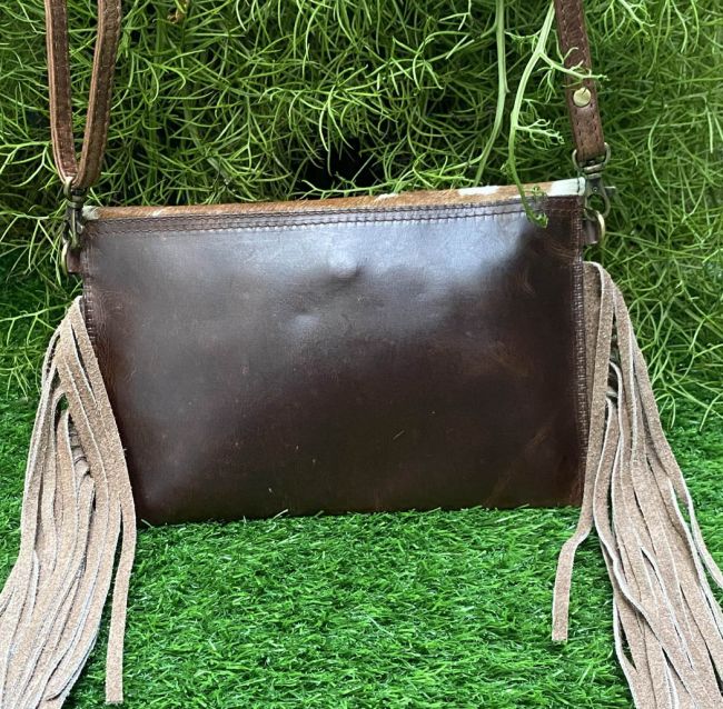 Klassy Cowgirl Dark Leather Crossbody Bag with Brown and White hair on cowhide Default Shiloh