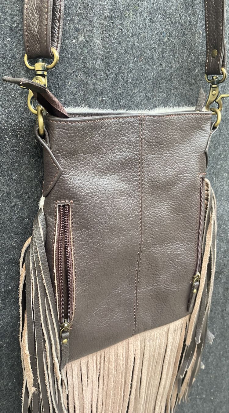 Klassy Cowgirl  Leather Crossbody Bag with hair on cowhide ,  fringe and crossbody strap Default Shiloh