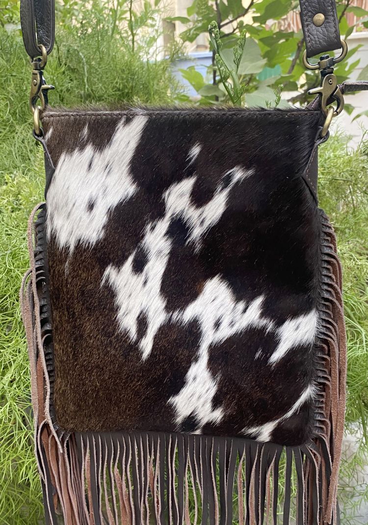 Klassy Cowgirl  Leather Crossbody Bag with hair on cowhide ,  fringe and crossbody strap Default Shiloh