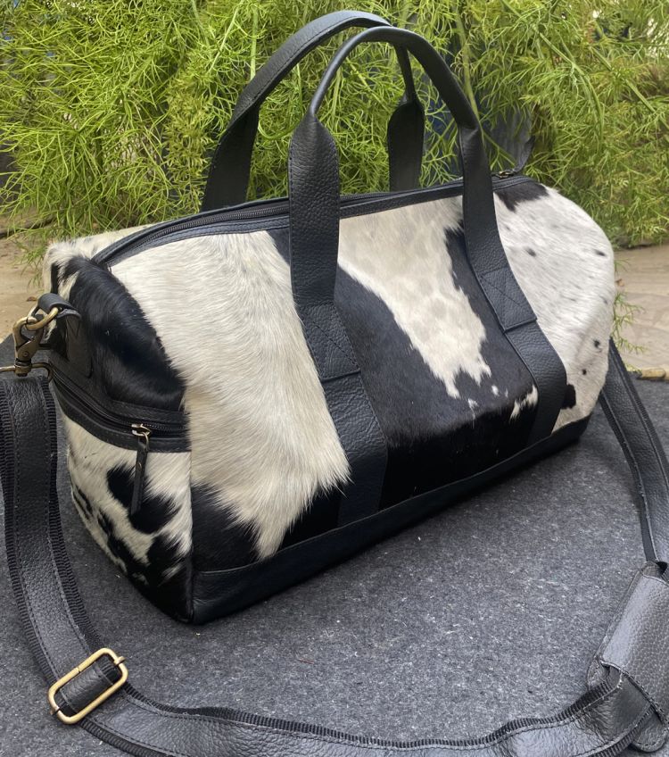 Klassy Cowgirl White and Black hair on cowhide overnighter Duffle Bag Default Shiloh
