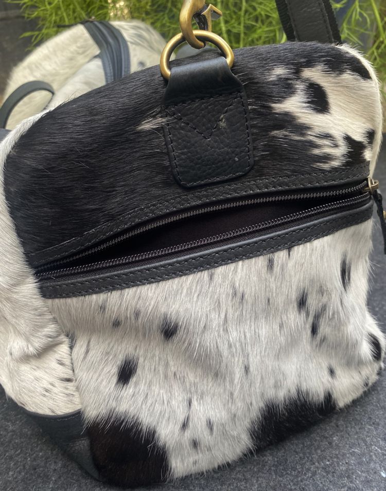 Klassy Cowgirl White and Black hair on cowhide overnighter Duffle Bag Default Shiloh