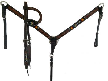 L-204: Showman ® Beaded Arrow design 4 Piece Argentina Leather Headstall and Breastcollar Set w/ Headstall & Breast Collar Set Showman