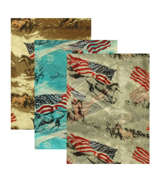 LVS1730: 64" X 34" Oversized soft, teal voile scarf with American flag running horse design Primary Showman Saddles and Tack