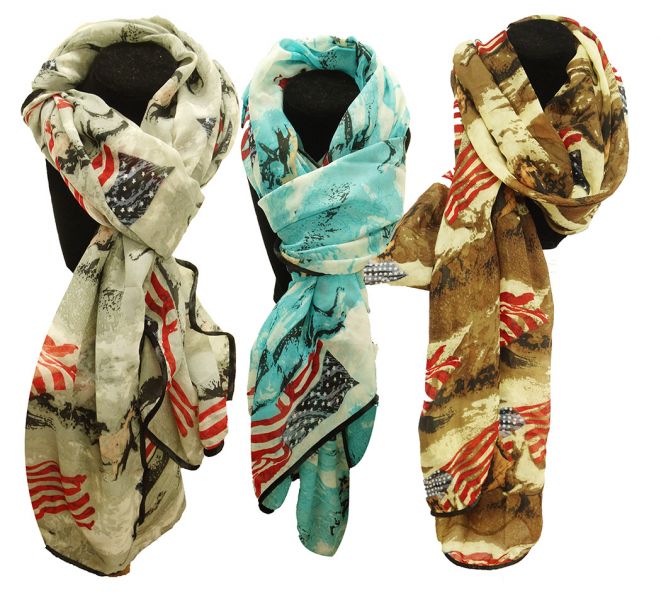 LVS1730: 64" X 34" Oversized soft, teal voile scarf with American flag running horse design Primary Showman Saddles and Tack