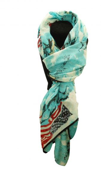 LVS1730: 64" X 34" Oversized soft, teal voile scarf with American flag running horse design Primary Showman Saddles and Tack