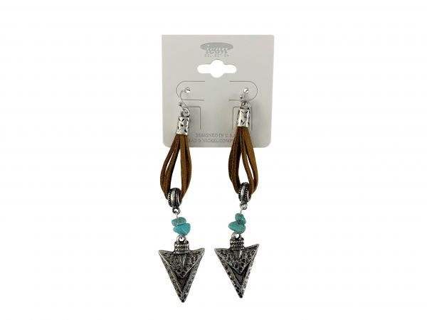 Leather earrings with hook back, features silver arrowhead and turquoise accents Default Shiloh