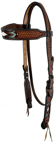 M-128: Showman ® Dark Brown two-tone Argentina cow leather brow-band headstall with beaded inlay Primary Showman