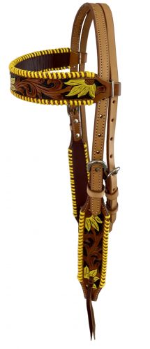 M-142: Showman ® Two Tone Argentina cow leather brow band headstall with hand painted sunflowers Primary Showman