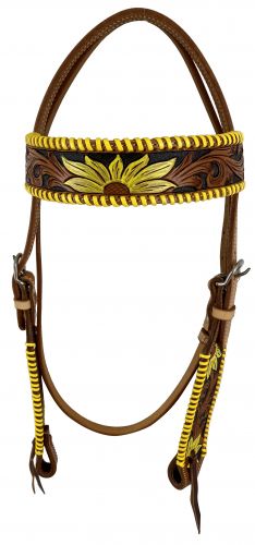 M-142: Showman ® Two Tone Argentina cow leather brow band headstall with hand painted sunflowers Primary Showman