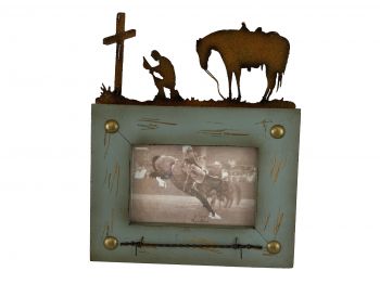 RA9978: Rainbow Trading Praying Cowboy Picture Frame 6"x4", frame features tin rustic praying cowb Primary Showman Saddles and Tack