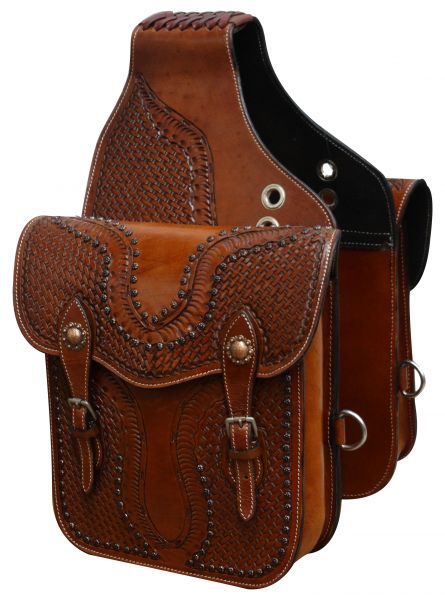 SB-55: Showman ® Tooled leather saddle bag with antique copper hardware Saddle Bag Showman