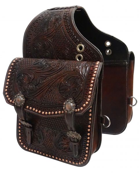 SB-56: Showman ® Tooled dark oil leather saddle bag with engraved antique bronze conchos and buckl Saddle Bag Showman