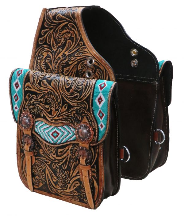 SB-63: Showman ® Tooled leather saddle bag with beaded inlay Primary Showman