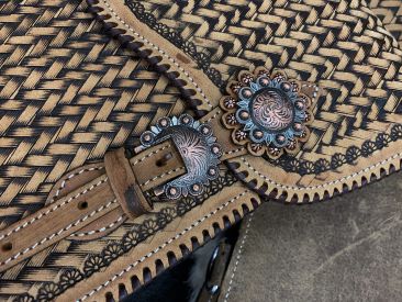 SB-69: Showman ® Tooled leather saddle bag with engraved antique bronze conchos and buckles Saddle Bag Showman