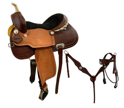 SDP007: 16" Economy Barrel Saddle Set with basket stamp tooling, copper beads and silver accents Barrel Saddle Showman Saddles and Tack