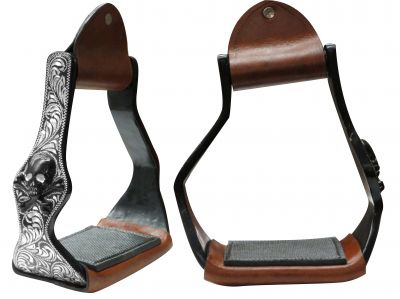ST-01: Showman ® Black Aluminum angled stirrups with skull and cross bones Stirrups Showman