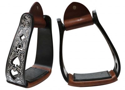 ST-02: Showman™ Angled Black Aluminum Stirrups with Silver Engraving and Cut Out Poker Suit Design Stirrups Showman