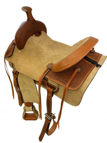 ST134: 16" Roper Style saddle with roughtout leather hard seat Roping Saddle Double T