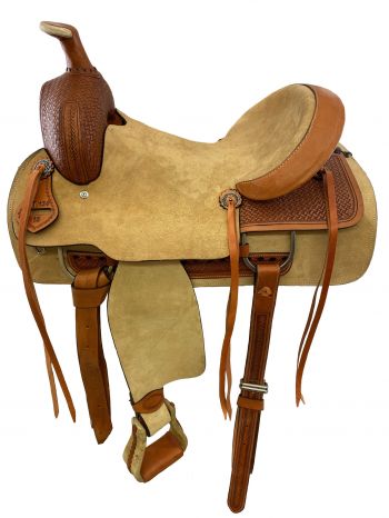 ST134: 16" Roper Style saddle with roughtout leather hard seat Roping Saddle Double T