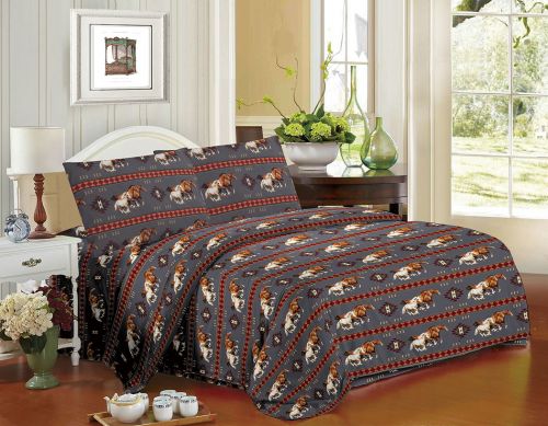 SW0376: 4PC King Size Gray Running Horse Sheet Set Primary Showman Saddles and Tack