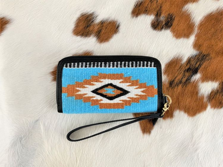 Showman ® 100% Wool Light Blue and Brown Southwest Design Saddle Blanket Wallet Default Shiloh