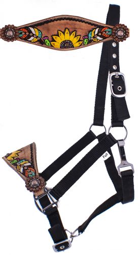 Showman ® Adjustable black nylon bronc halter with hand painted feather, sunflower, and cactus' nose band Default Shiloh