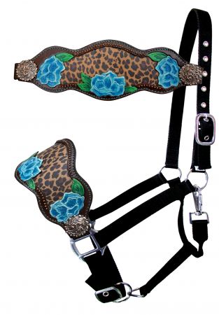 Showman ® Adjustable black nylon bronc halter with painted flower design with cheetah inlay nose band Default Shiloh