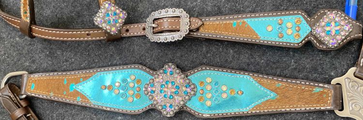 Showman ® Chocolate Leather One Ear Headstall & Breast Collar Set with Brown Hair on Cowhide acid wash and Teal leather accents Default Shiloh