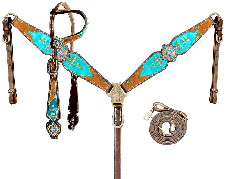 Showman ® Chocolate Leather One Ear Headstall & Breast Collar Set with Brown Hair on Cowhide acid wash and Teal leather accents Default Shiloh