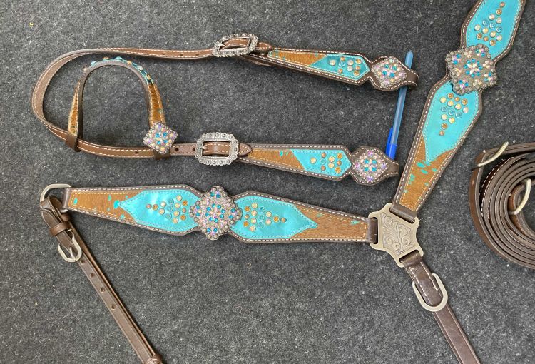 Showman ® Chocolate Leather One Ear Headstall & Breast Collar Set with Brown Hair on Cowhide acid wash and Teal leather accents Default Shiloh