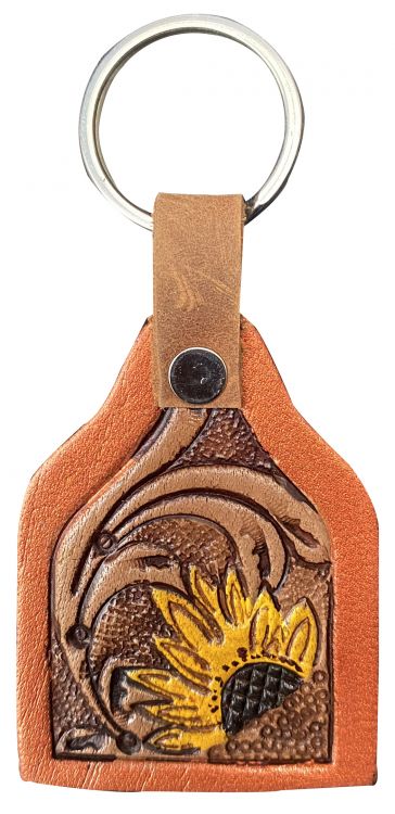 Showman ® Cow tag shaped painted Sunflower tooled leather keychain Default Shiloh