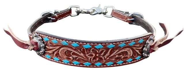 Showman ® Distressed Medium leather wither strap with teal rawhide lacing Default Shiloh