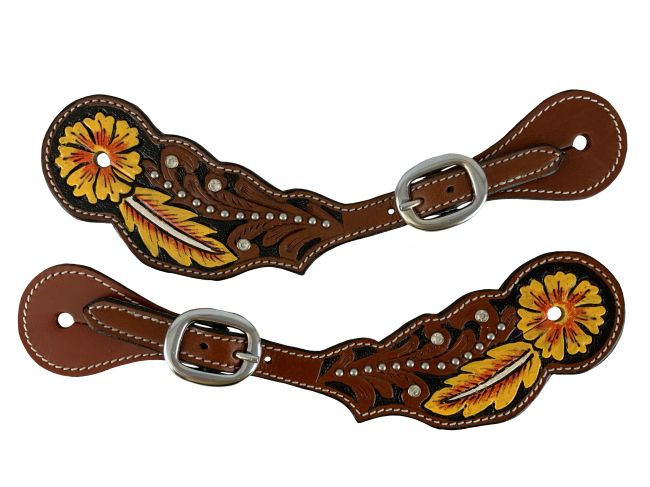 Showman ® Ladies Flower & Feather Tooled Spur Straps Default Shiloh