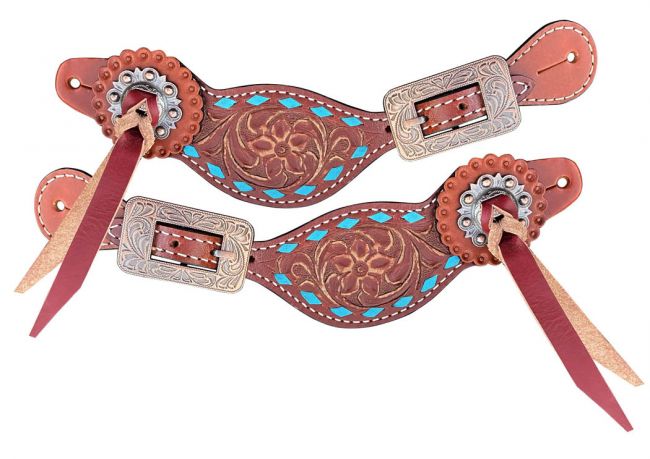 Showman ® Ladies Leather spur strap with tooled leather and teal rawhide lacing Default Shiloh