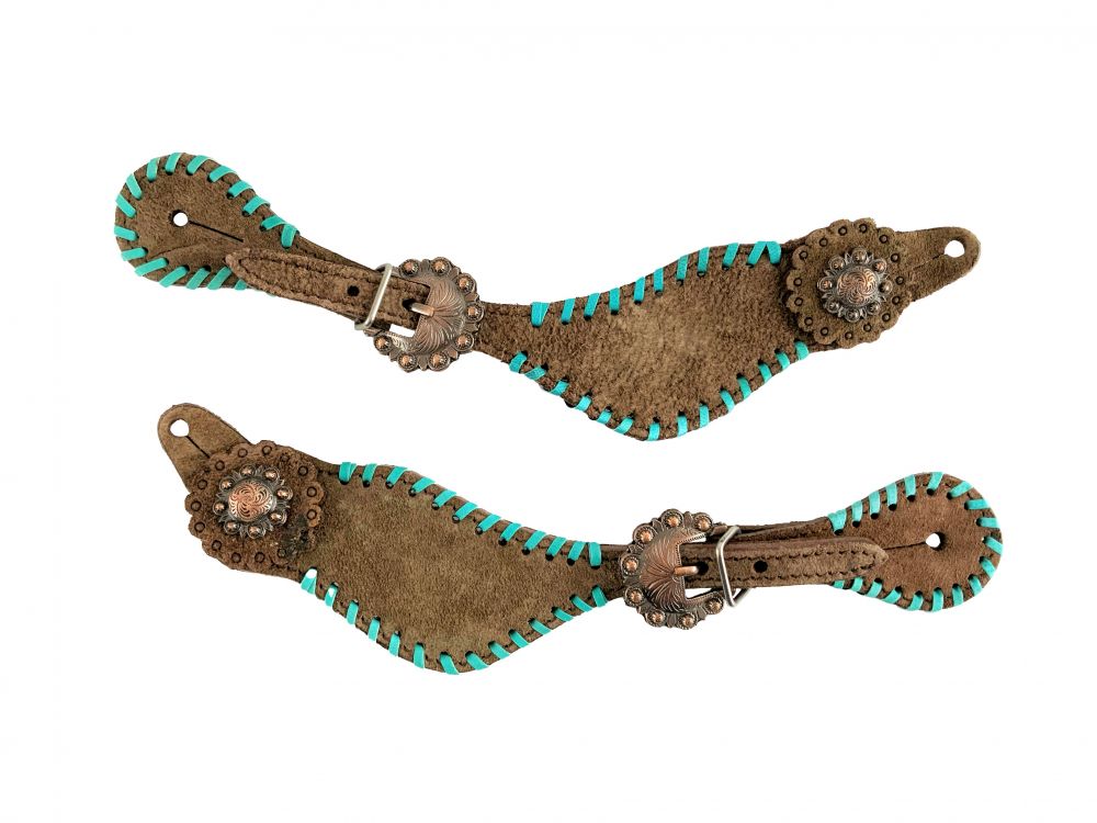 Showman ® Ladies Leather spur straps with Teal buck stitch trim Default Shiloh